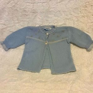 1970 Allegheny brand, blue doll sweater w/ flowers.